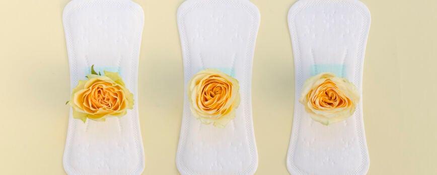 Série de toalhas sanitárias com rosas amarelas.