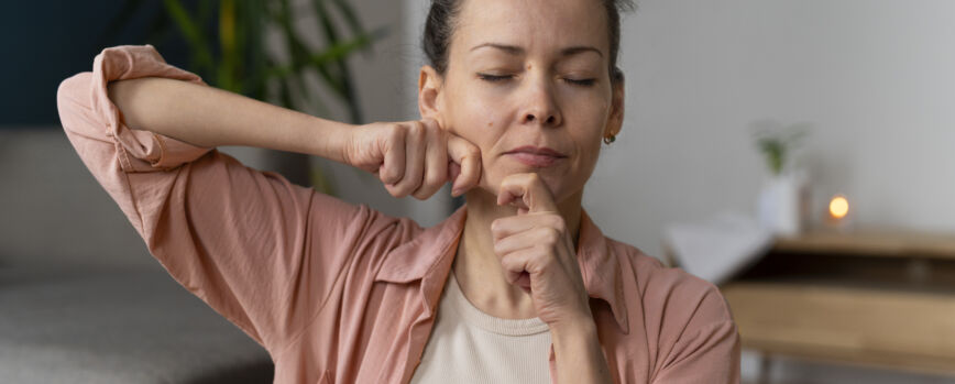 Mulher de tiro médio praticando yoga facial