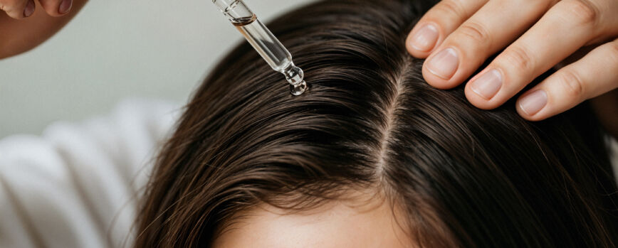Aplicação de sérum para o cabelo com conta-gotas