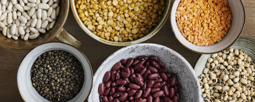 Fotografia de alimentos laicos planos de lentilhas e feijões.