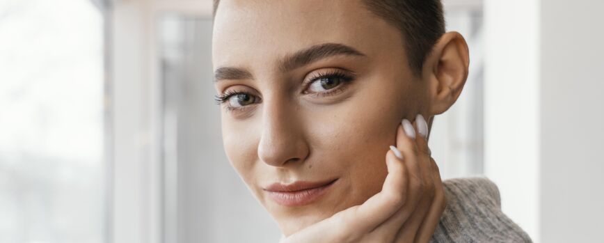 Mulher sorridente de meio corpo em ambiente interno