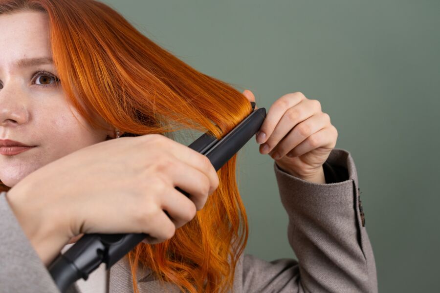 Close-up de uma mulher penteando seu cabelo vermelho com uma chapinha sobre um fundo verde.